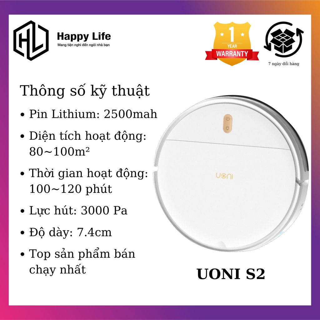 Robot hút bụi lau nhà UONI S2 - Hàng chính hãng, công nghệ Nhật Bản, Lực hút siêu mạnh 3000Pa