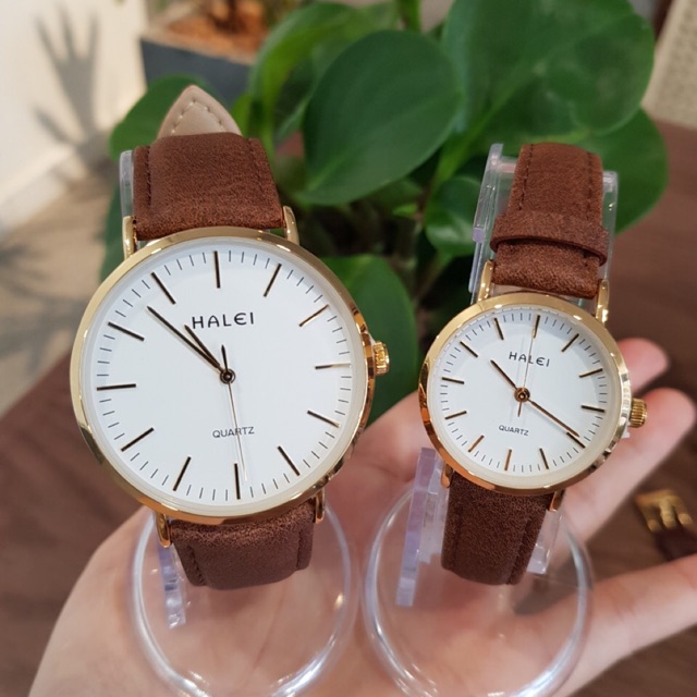 Đồng hồ đôi nam nữ Halei dây da nâu mặt số vạch chính hãng Tony Watch 68