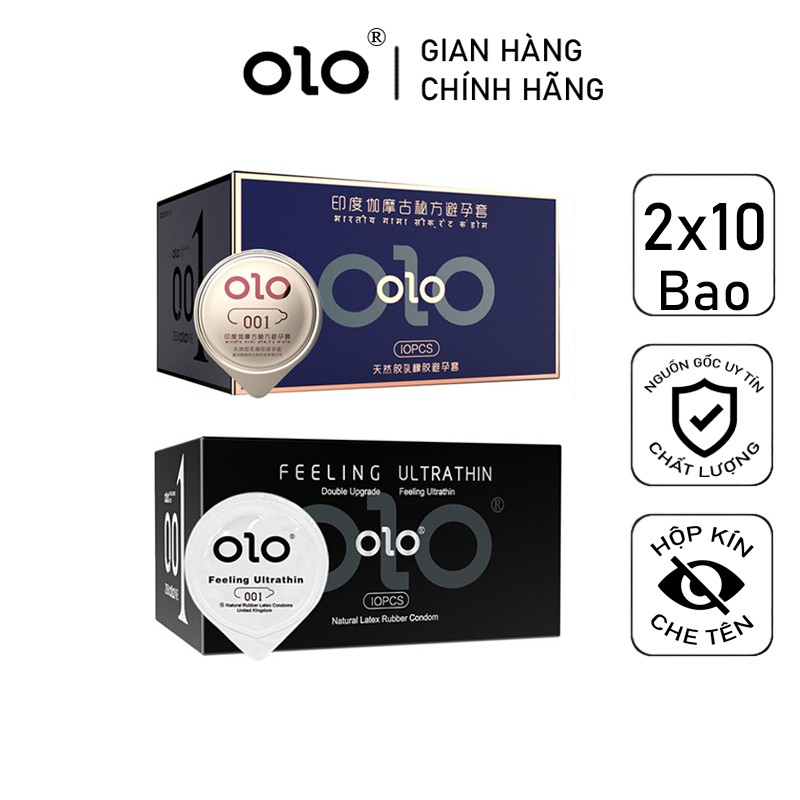 Bộ 2 Hộp Bao Cao Su OLO 001 Feeling Ultrathin và OLO Gamma Xanh Kéo Dài Thời Gian 20 bao