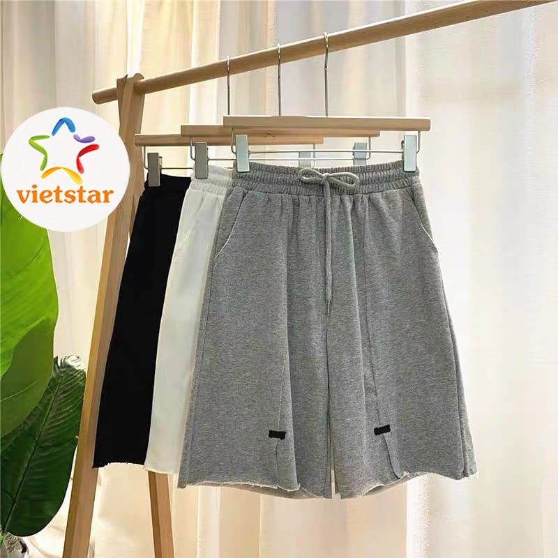 Quần đùi unisex xẻ logo quần short dây rút cạp chun chất cotton - VIETSTAR