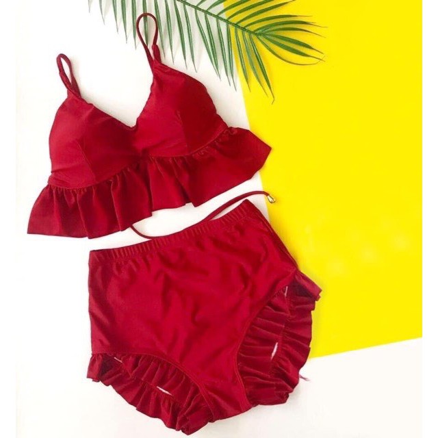 Bikini Áo tắm 2 mảnh diềm đen, đỏ buộc dây lưng  -B06
