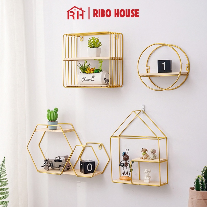 Kệ decor lục giác RIBO HOUSE khung kim loại pha gỗ treo tường trang trí nhà cửa, để đồ siêu xinh RIBO171