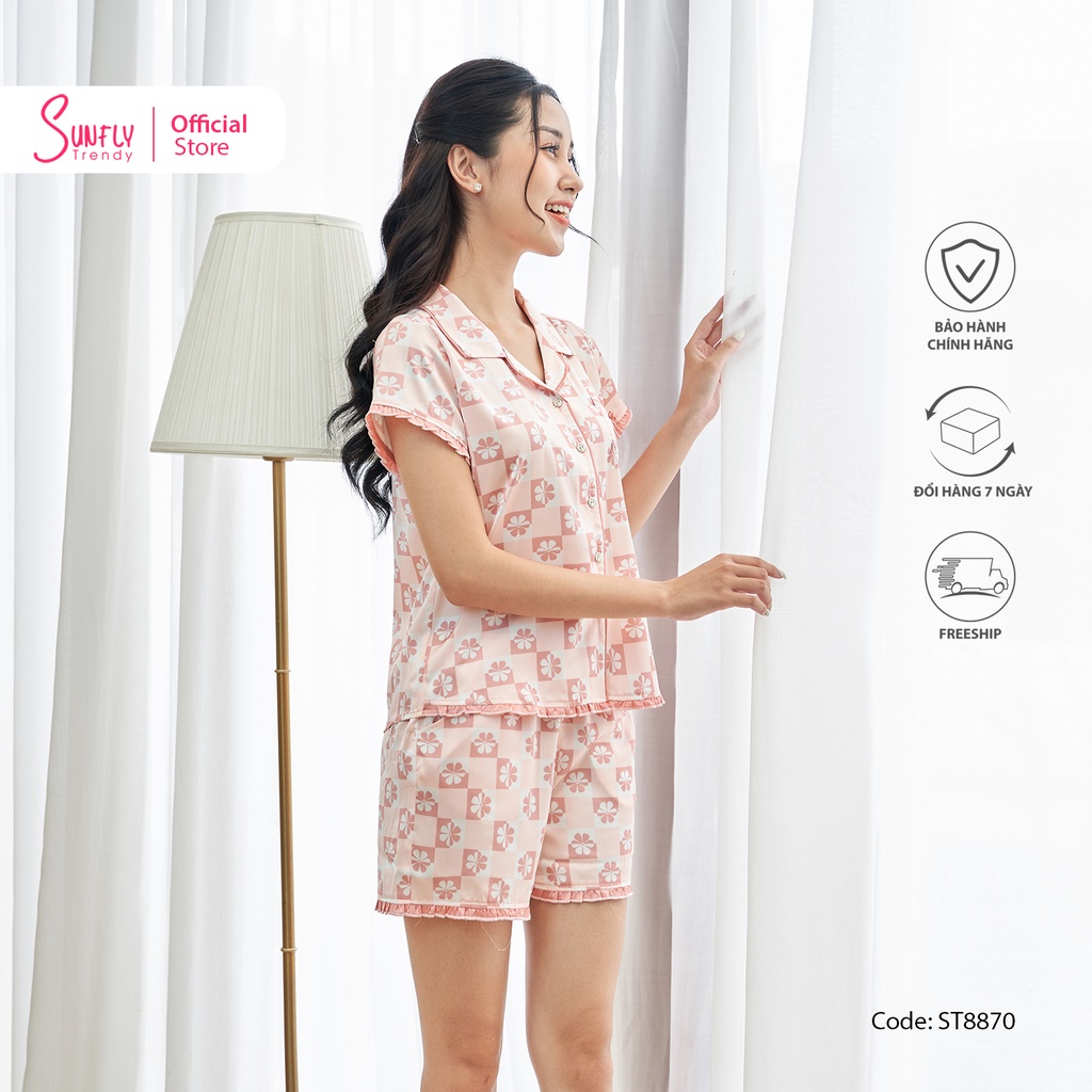 Bộ đồ mặc nhà nữ pijamas lụa SUNFLY áo cộc, quần sooc ST8870