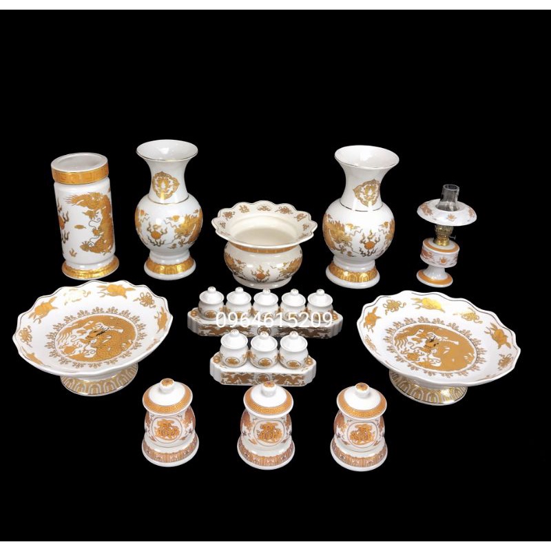 Bộ thờ cúng gốm sứ lư hương bát nhang bình hoa ống đựng nhang đĩa áng chung ly đại bi hũ nước muối gạo đèn dầu thờ cúng