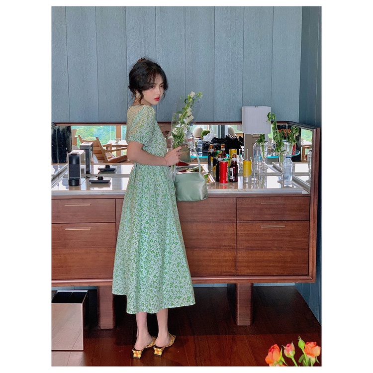 Đầm dài IELGY dáng chữ A lưng cao màu xanh lá kiểu Pháp thời trang hè cho nữ