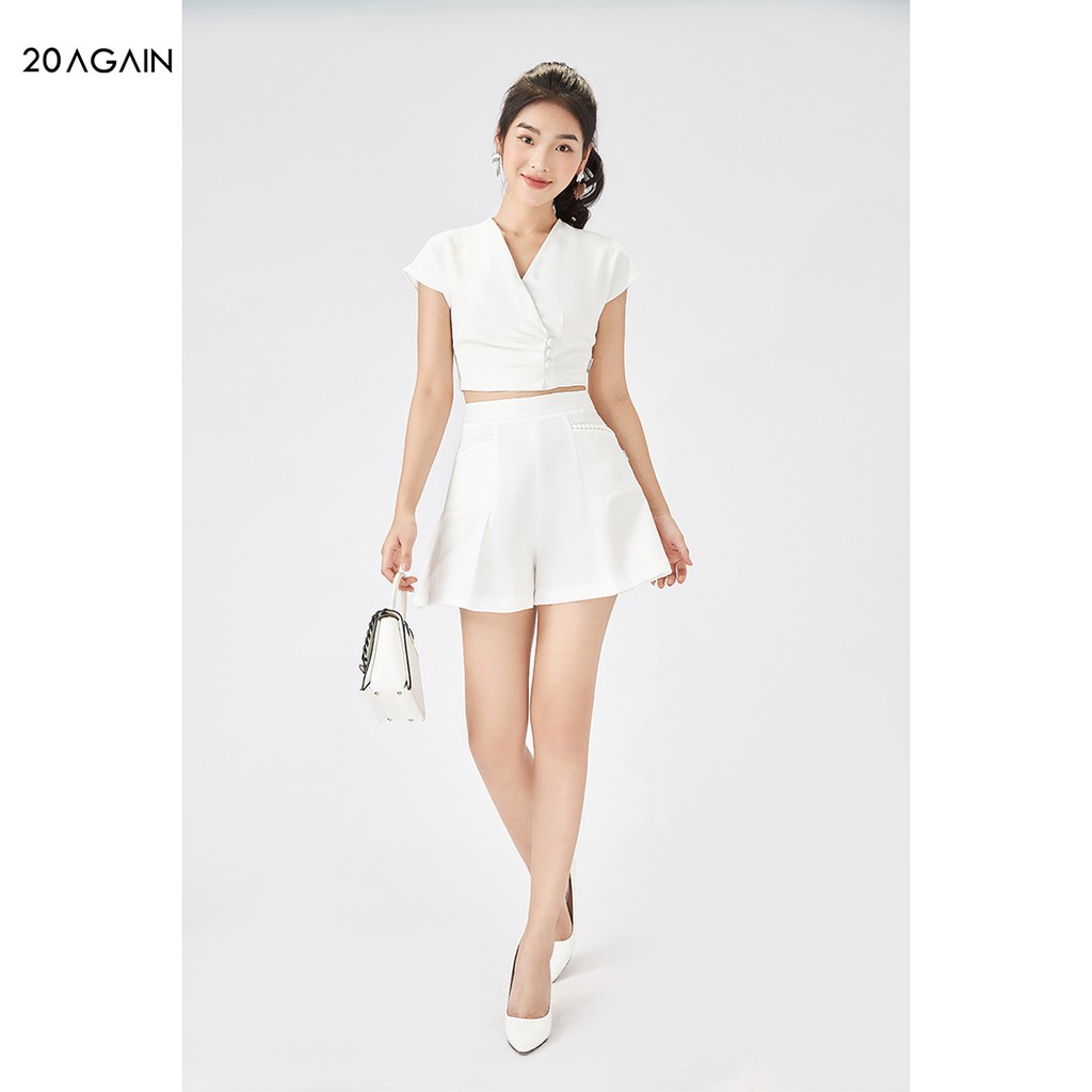 Áo sơ mi nữ vạt lệch 20AGAIN, sơ mi dáng ngắn đính khuy cá tính ASA1618
