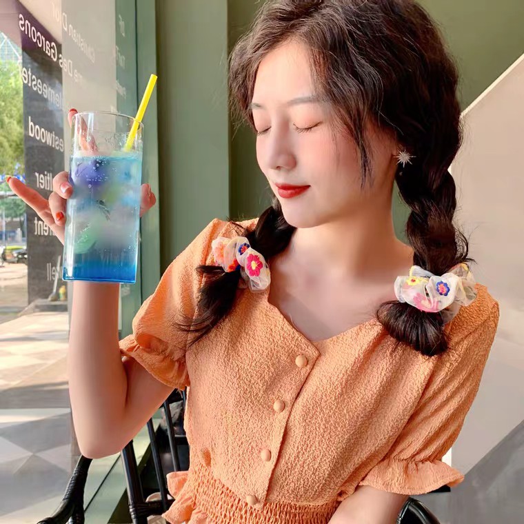 Cột Tóc Vải Scrunchie Voan Lưới Đính Hoa Thêu Nhiều Màu Dễ Thương