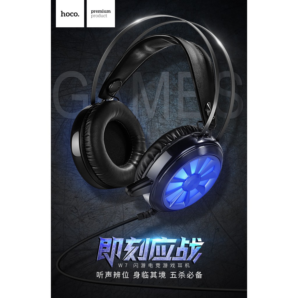 Tai nghe chụp tai chuyên game Hoco W7 có Led (Đen) - Hãng phân phối chính thức