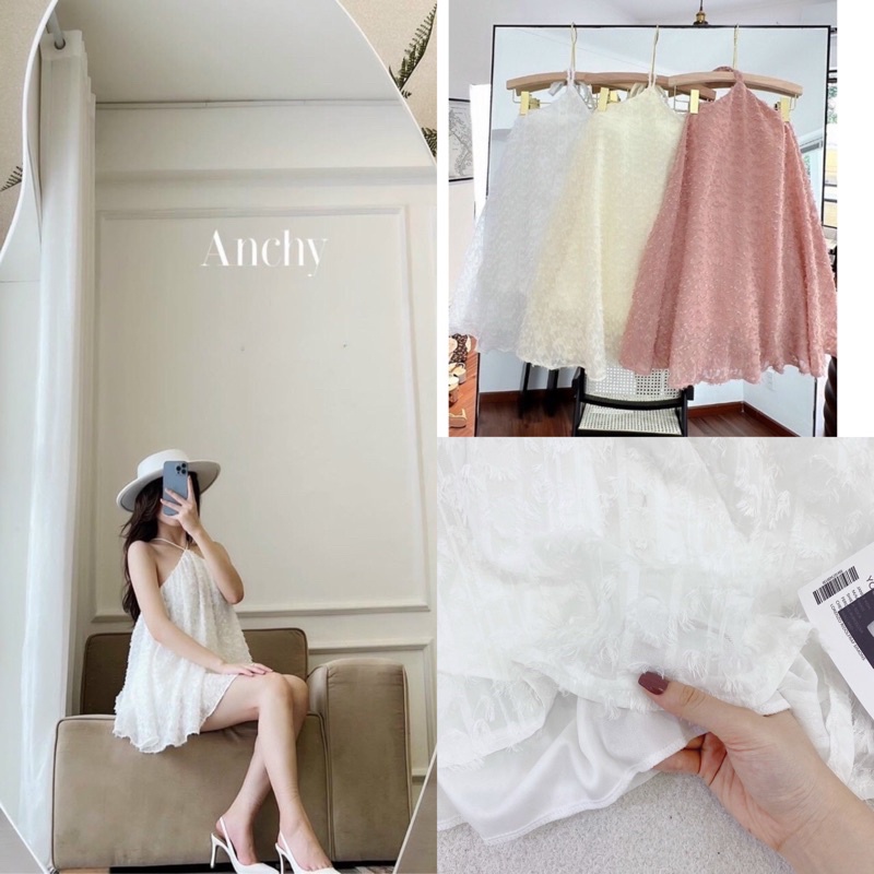 (Có sẵn-kèm scrunchies) Váy cổ yếm lông vũ mút ngực