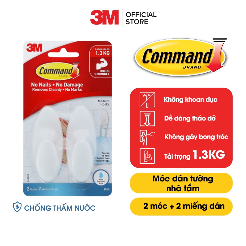 Móc dán tường chống thấm nước Command 3M vỉ 2 cái cỡ vừa chịu lực 1.3kg BATH18