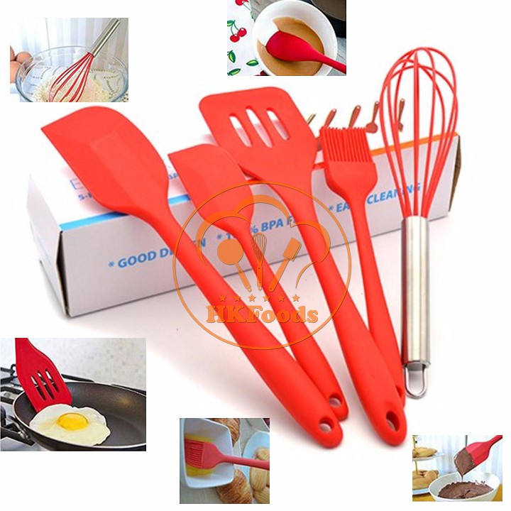 Bộ 5 chổi phới spatula đỏ silicon