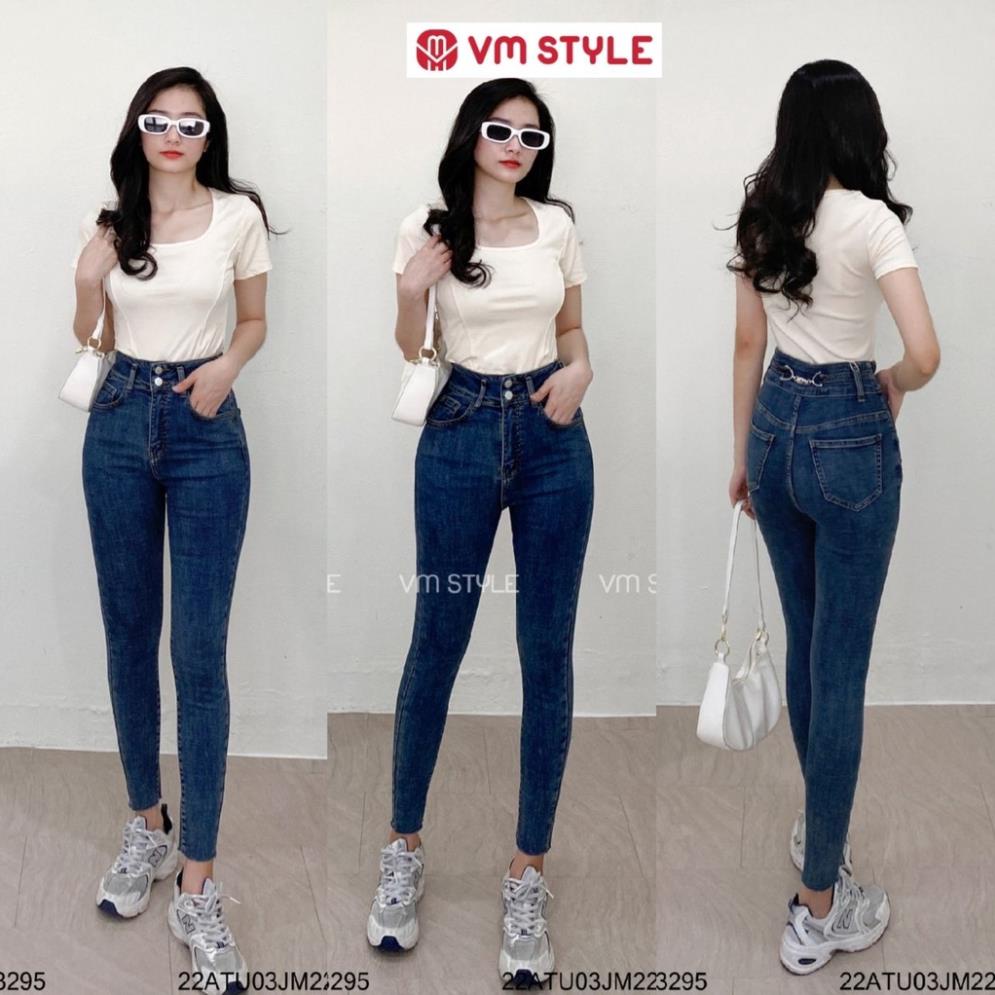 NB Quần jean ôm VM STYLE trơn lai cắt, quần bò ống bó lưng cao phối kiểu (co giãn nhẹ) thời trang SC527 22QJO03JD0803