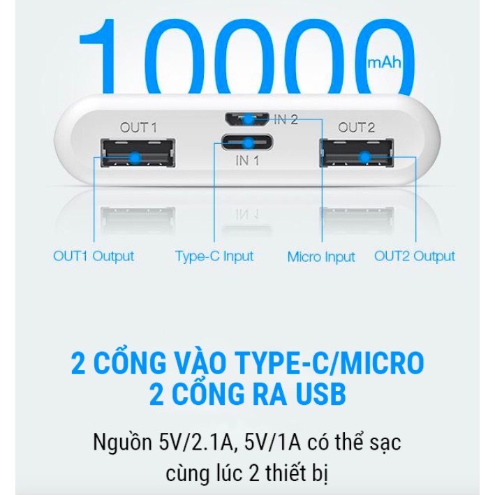 Pin Sạc Dự Phòng 10000mAh ROBOT - 2 Output &amp; 2 Input - RT170