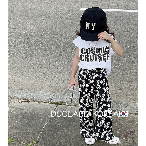 Bộ Áo Sát Nách In Chữ + Quần Thiết Kế Hoạt Hình Phong Cách Hàn Quốc Cho Bé Gái