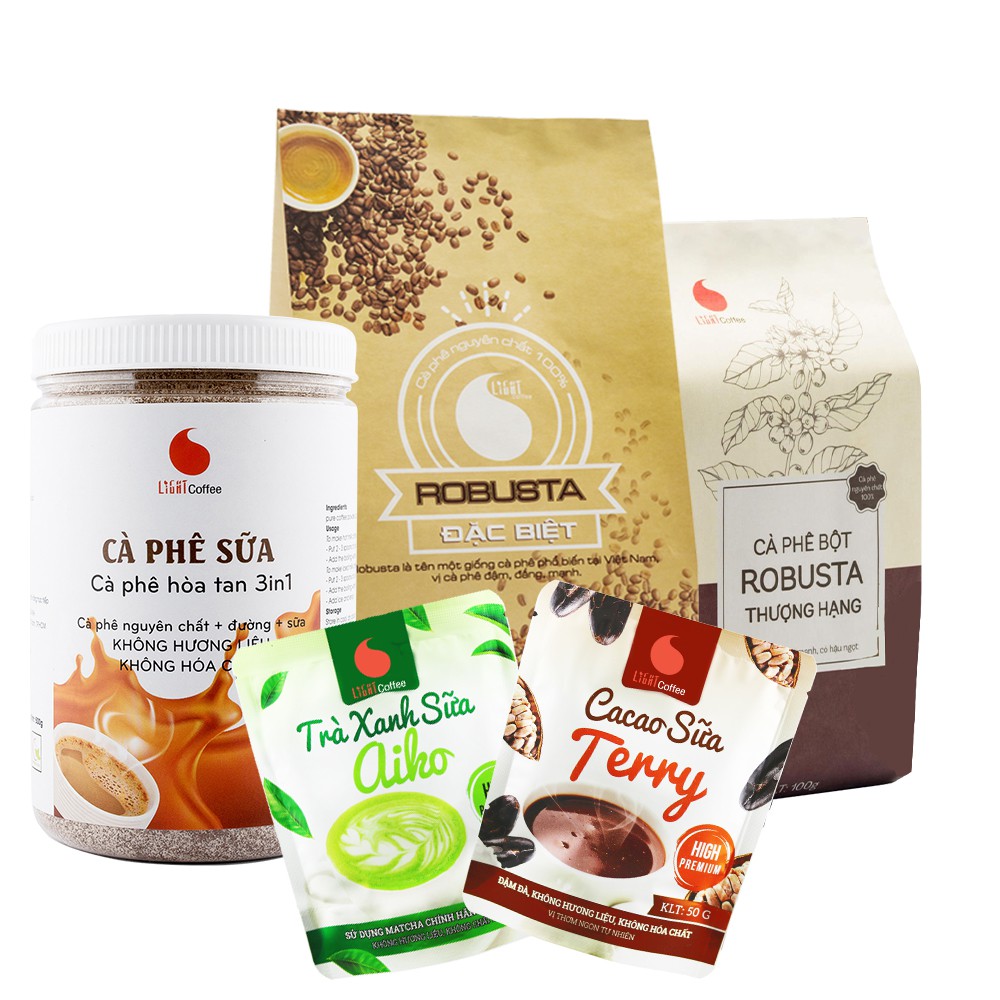 Set làm quen 2, cà phê Đặc biệt 500g, Thượng hạng 100g, cà phê sữa 500g, cacao sữa 50g, matcha sữa Aiko 50g Light coffee