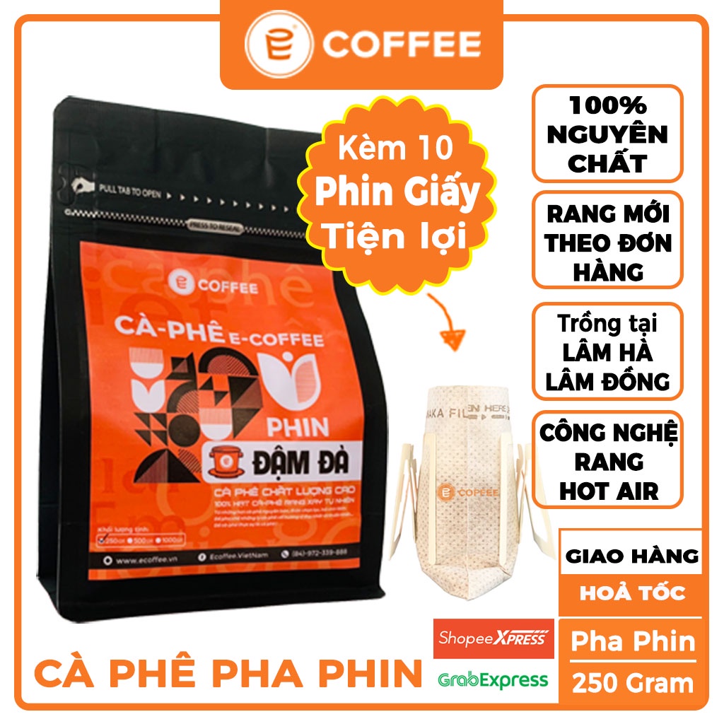 Cà phê cafe nguyên chất pha phin E COFFEE gói 250gr kèm 10 phin giấy tiện lợi, dòng cafe phin blend Robusta và Arabica