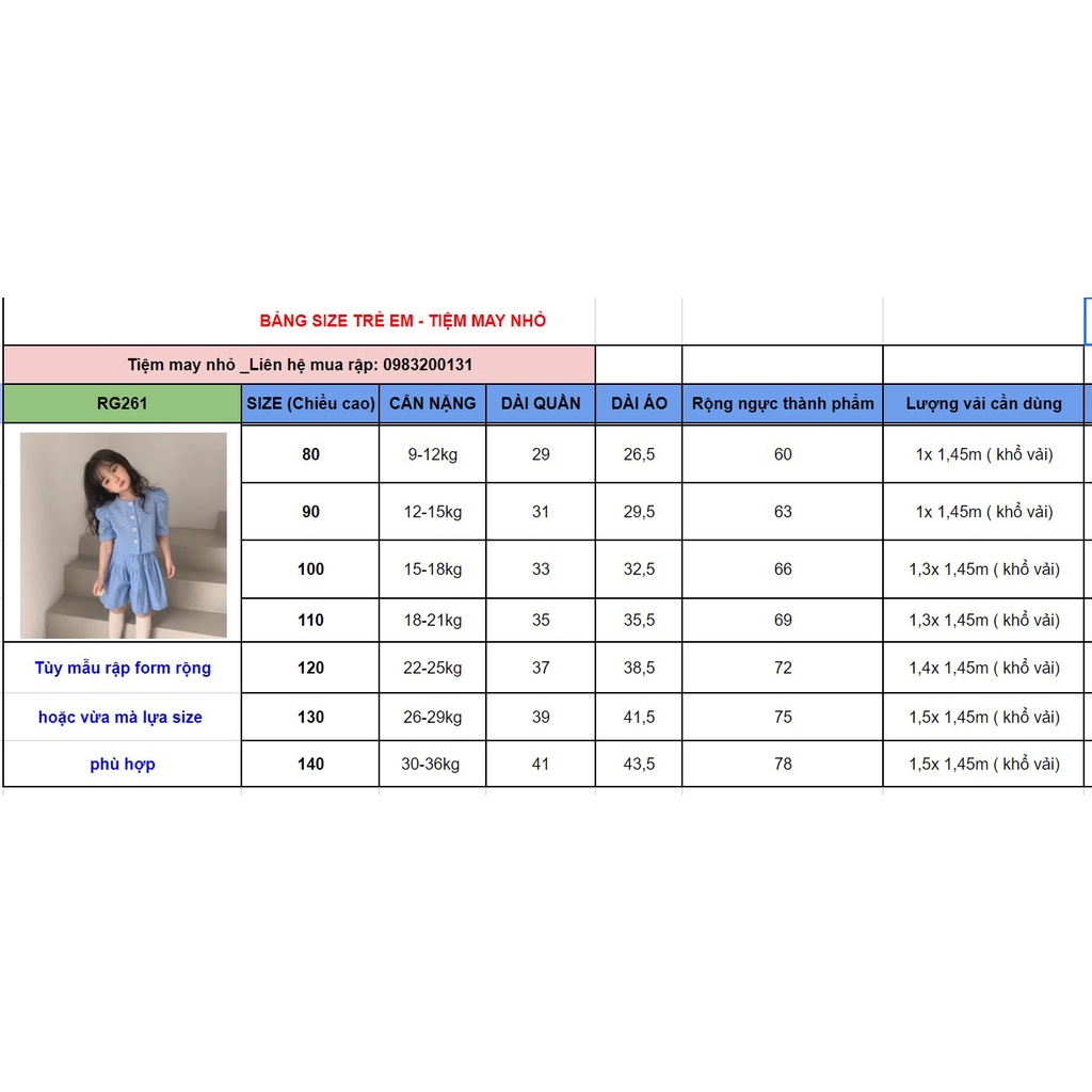 RG261_Rập giấy may set đồ tay bồng kèm quần váy bé gái