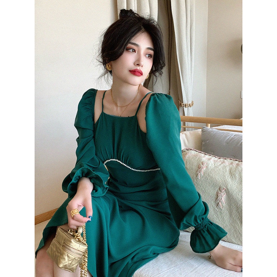 Đầm Dài Eo Cao Tay Dài Đính Ngọc Trai Lãng Mạn Mùa Thu Phong Cách Pháp Cổ Điển Cho Nữ