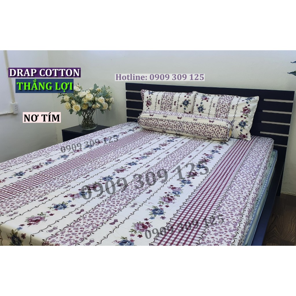 bộ drap (4 món) cotton Thắng Lợi, ga giường chính hãng, nơ tím (ảnh thật)