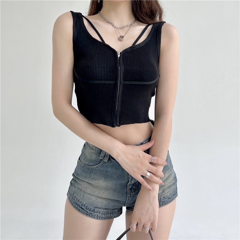 SUXI Áo Croptop Dệt Kim Không Tay Màu Sắc Đơn Giản Dễ Phối Đồ