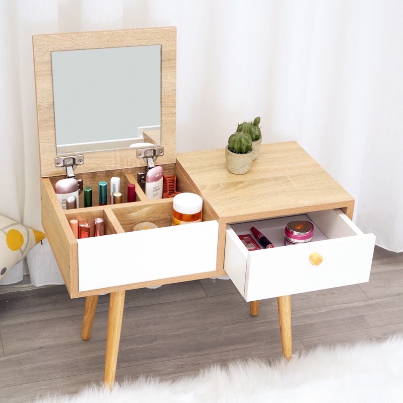 Bàn Trang Điểm Ngồi Bệt GP143 Màu Gỗ ( ngăn kéo trắng ), Bàn Phấn MiNi Gương Gập
