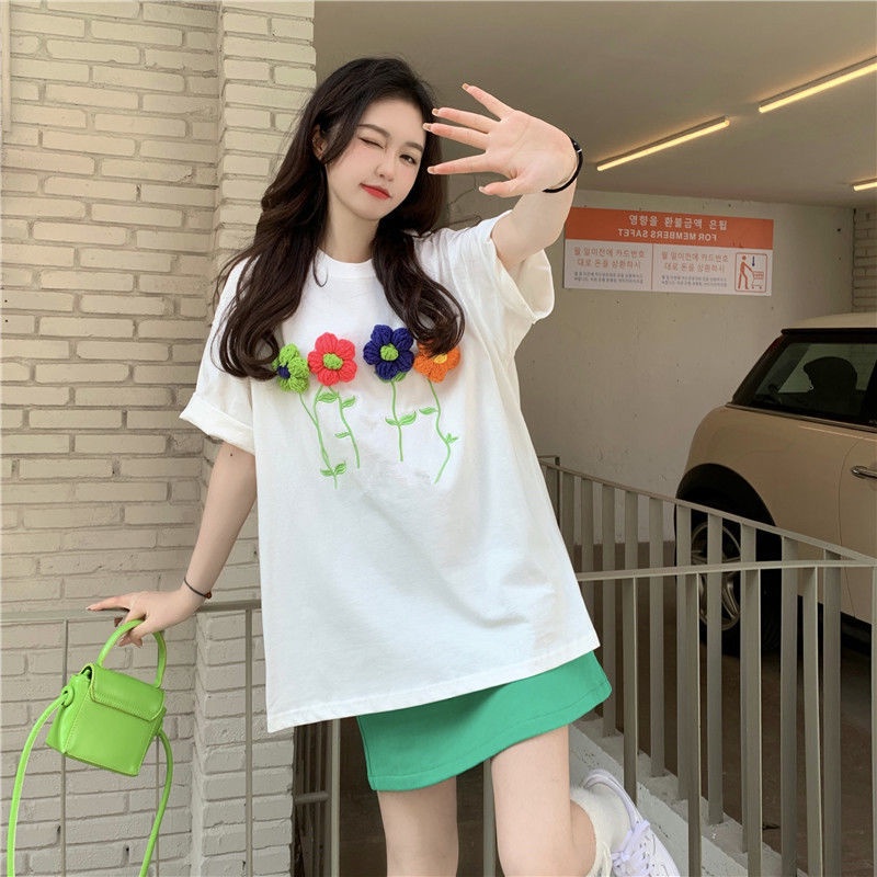 Áo Thun Tay Ngắn Cổ Tròn Thêu Hoa Cỡ Lớn Thời Trang Mùa Hè Hàng Mới Cho Nữ