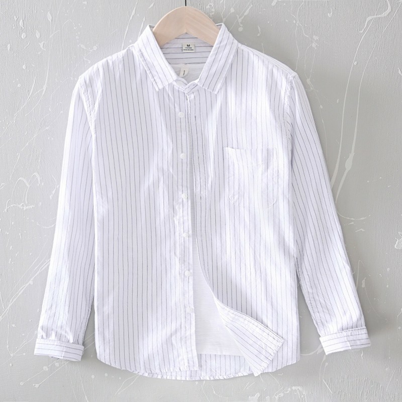 Sơ mi nam kẻ sọc đen chất liệu vải lụa cotton siêu mát, phong cách Hàn Quốc nam tính