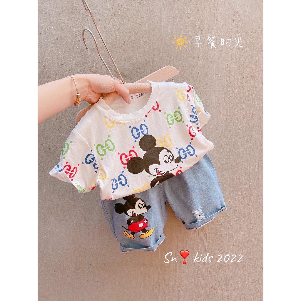 Bộ cộc tay bé trai, bộ áo cotton hình mickey kèm short jean xịn xò cho bé