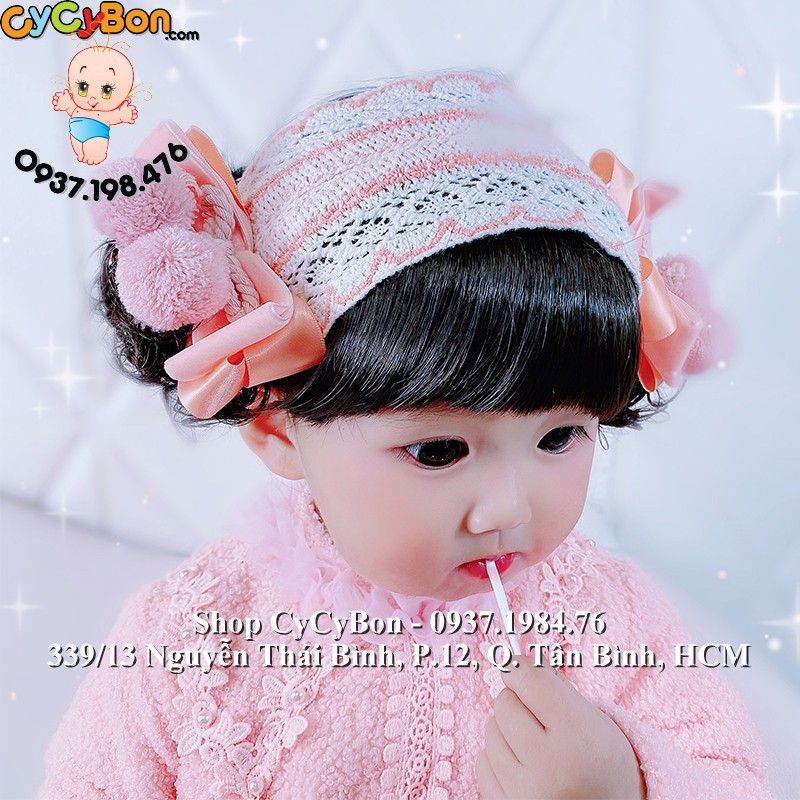 Băng Đô Turban Tóc Giả Cho Bé Gái Kèm Tóc Mái và Tóc Giả Xoăn 2 Bên -Thun Co Giãn Đính 2 Quả Bông Cam Siêu Xinh !
