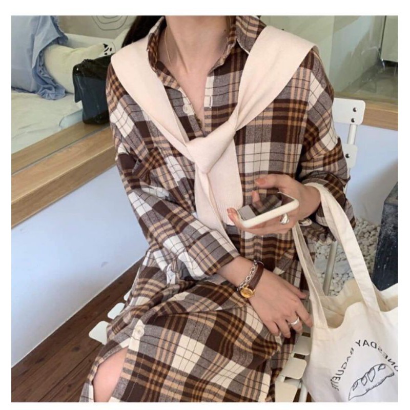 Váy kẻ sơ mi mix yếm len form dáng dài rộng dày dặn mặc thu đông BCiOMAI