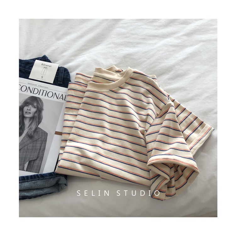 Áo thun NZN ngắn tay cổ tròn kẻ sọc phong cách mùa hè mới cho nữ