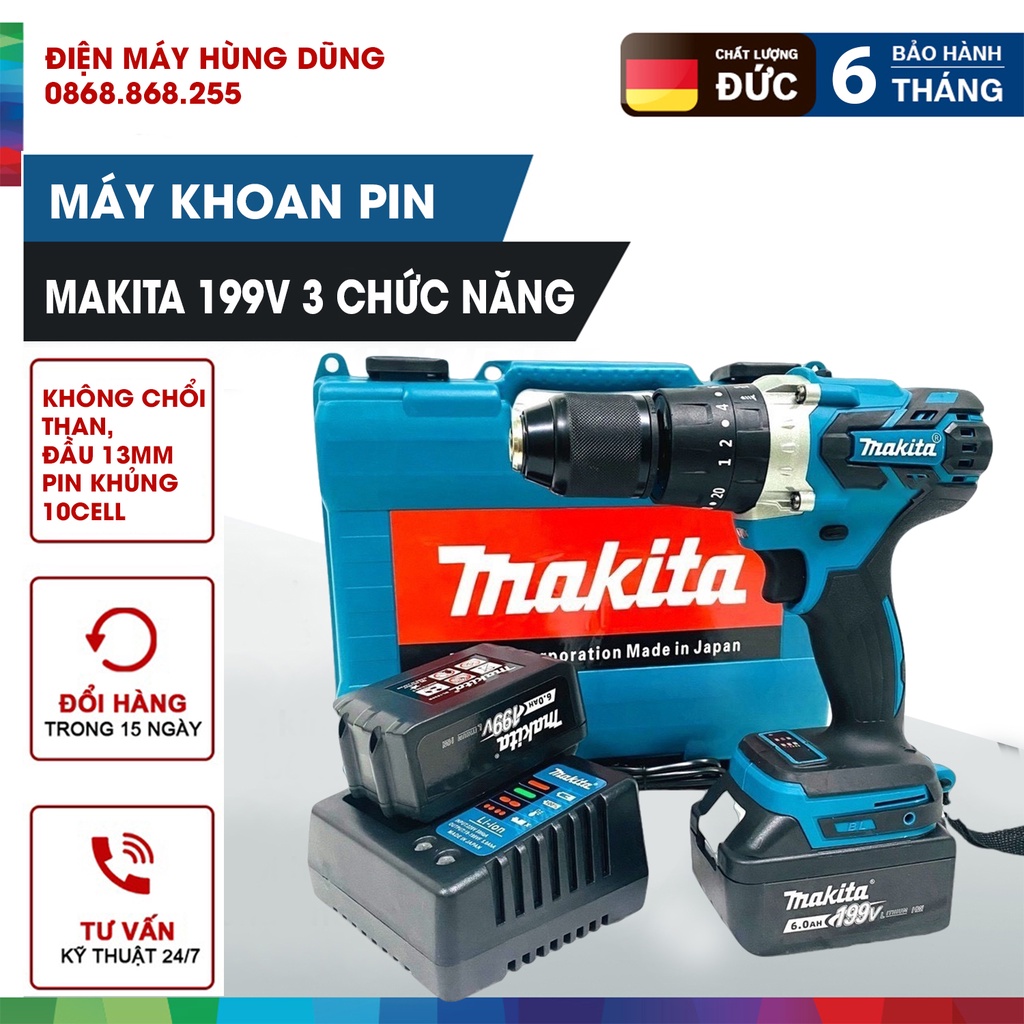 Máy khoan pin Makita 199v 3 chức năng có búa, động cơ không chổi than, đầu auto lock thép 13mm