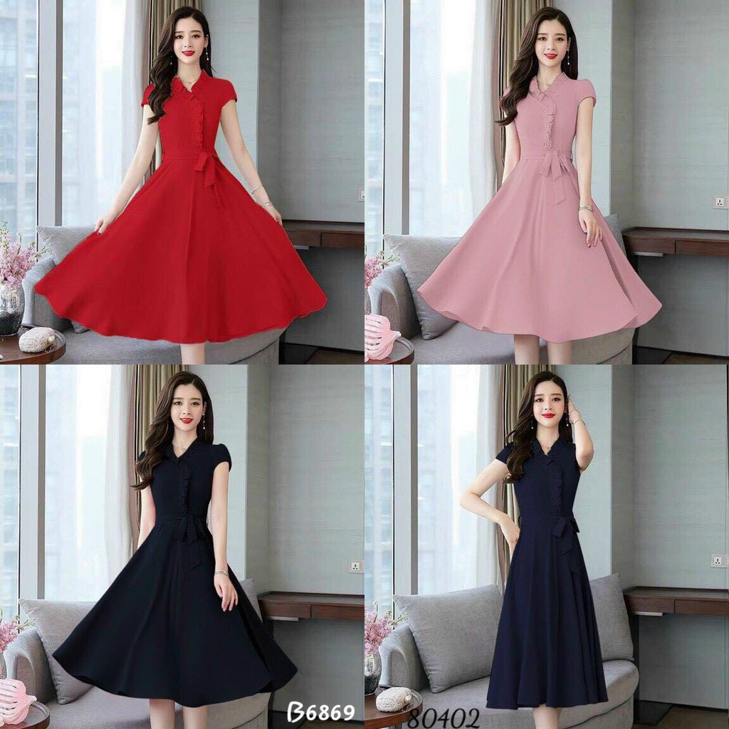 ANYB6869 Đầm Xòe Bèo Tay Con Thắt Eo Hồng