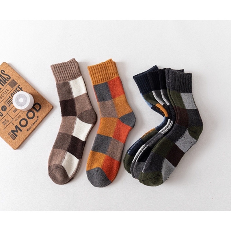 [TonaShoe] Tất Cổ Cao Sọc Caro Nam Nữ Len Dày Hợp Mùa Thu Đông