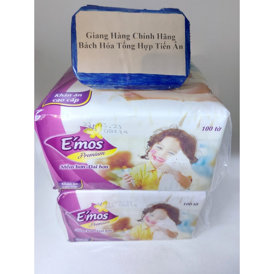 2 Khăn giấy vuông E'mos Premium 100 tờ  Mềm Hơn-Dai Hơn