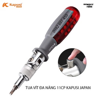 Tua vít đa năng tự động quay góc kapusi japan 11 chi tiết, tuốc nơ vít đa góc kèm mũi vít từ tính chuôi lục giác.