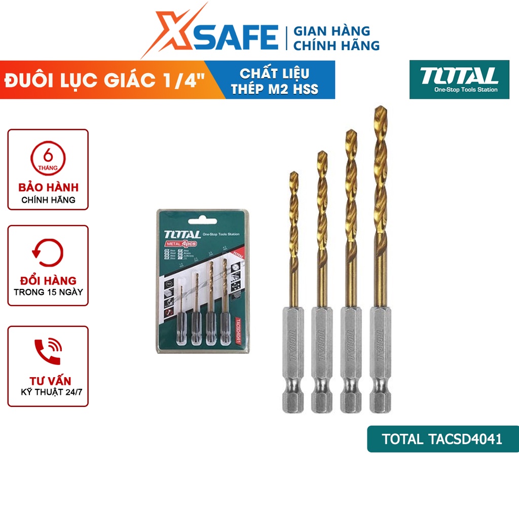 Bộ 4 mũi khoan kim loại kim đuôi lục giác TOTAL TACSD4041 4 size, đuôi lục giác 1/4&quot;