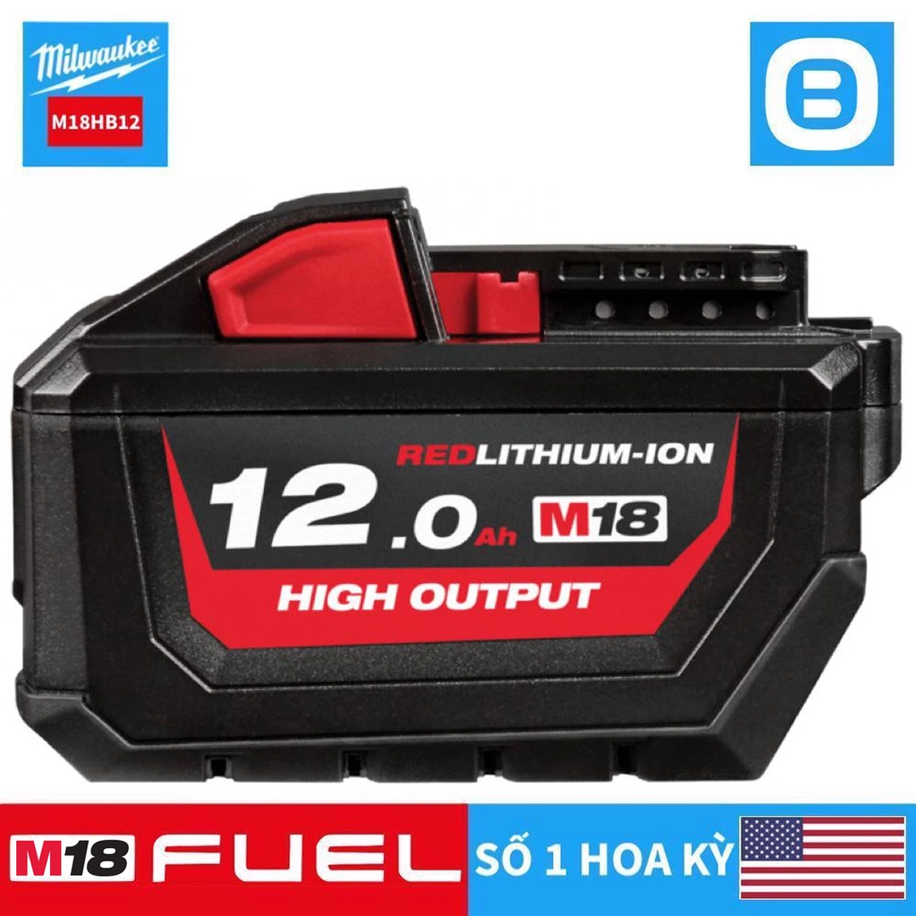 Milwaukee M18 HB12, Pin thế hệ mới M18™ HIGH OUTPUT™, 18V, 12Ah, Màu đỏ đen, 1998237DG9