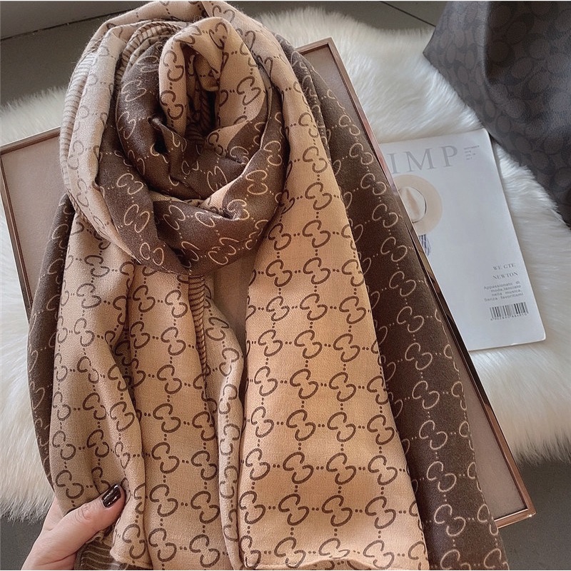 Khăn Choàng Vải Lanh Cao Cấp,Họa Tiết Chữ Cái Màu Nâu, Bản To 180*90,Khăn Lụa Mỏng - KQC7