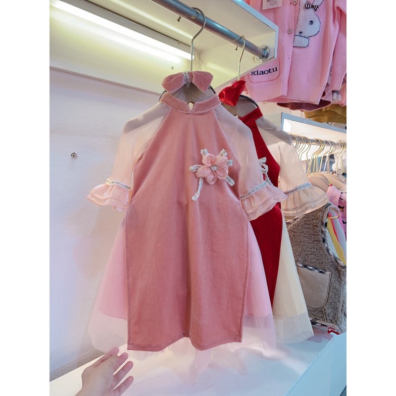 Áo dài nhung 2 màu hồng đỏ dành cho nữ