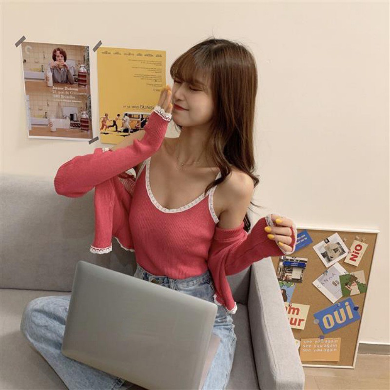Set Áo Hai Dây Và Áo Khoác Ren Phong Cách Hàn Quốc Quyến Rũ Dành Cho Nữ