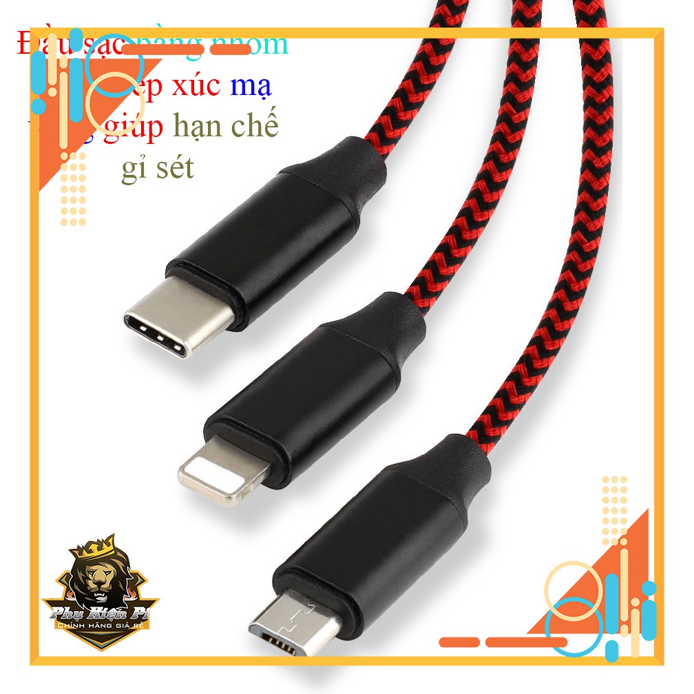 Cáp sạc nhanh/Cáp truyễn dữ liệu chia 3 đầu cắm Micro USB Type-C Lightning tiện dụng dài 1.2m