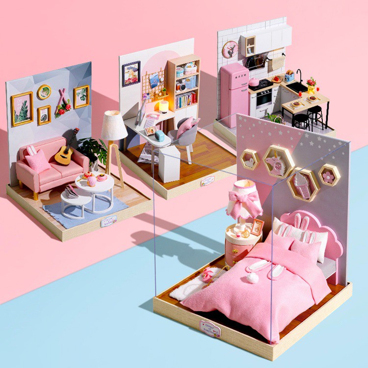 Mô hình nhà DIY Doll House Corner Of Happiness Kèm Mica chống bụi, Bộ dụng cụ và Keo dán