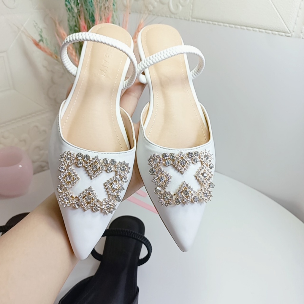 Giày nữ đế bệt bít mũi đính đá sục mũi nhọn quai ngang đi được 2 kiểu mẫu mới Minhtuyetshoes