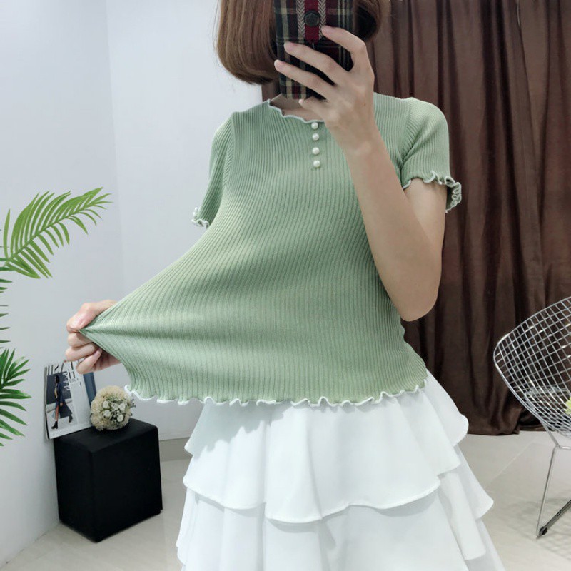 Áo thun sọc gân tay ngắn ôm dáng thời trang cho nữ