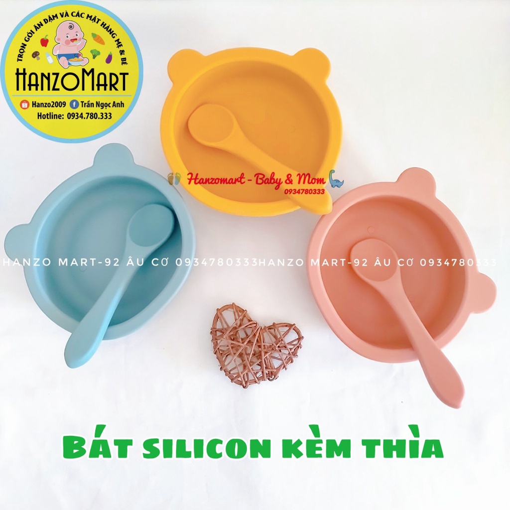 Bát ăn dặm silicon hình gấu kèm thìa có đế hút chống lật