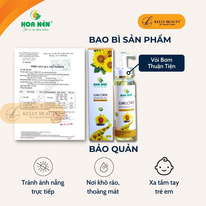 Dầu Massage Hoa Hướng Dương HOA NÉN 300ml - Giữ ẩm da, chống nắng, dưỡng tóc, giảm gãy rụng | KELLY BEAUTY