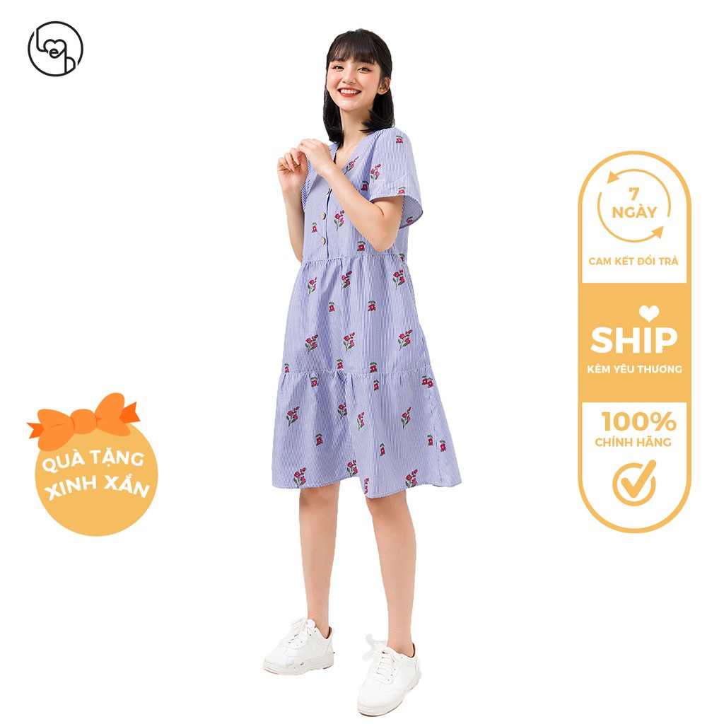 Đầm cổ V nhún 2 tầng LEH H63L21H001