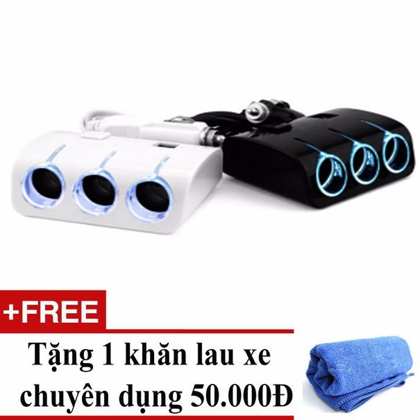 Chia tẩu 3 cổng thêm 2 USB + Tặng 01 khăn lau xe chuyên dụng