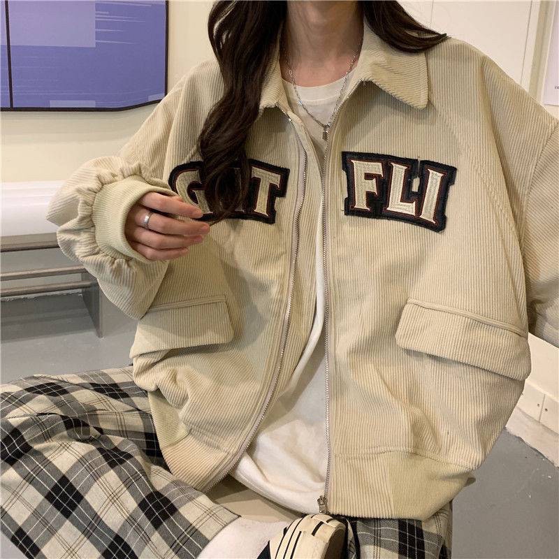 Áo Bomber Dáng Cộc Croptop Cổ Bẻ Khoá Thêu Chữ Áo Khoác Nhung Tăm